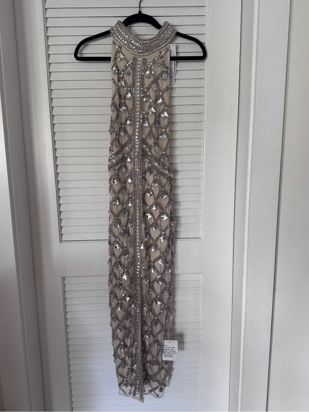 Asos: Beaded Halter Evening Gown in Champagne Silver